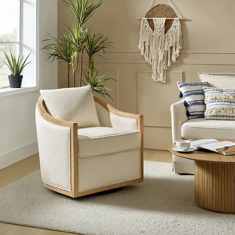Barrel Swivel Chair with Slipper Arms & Solid Wood Edging | Ivory | Single Seat
