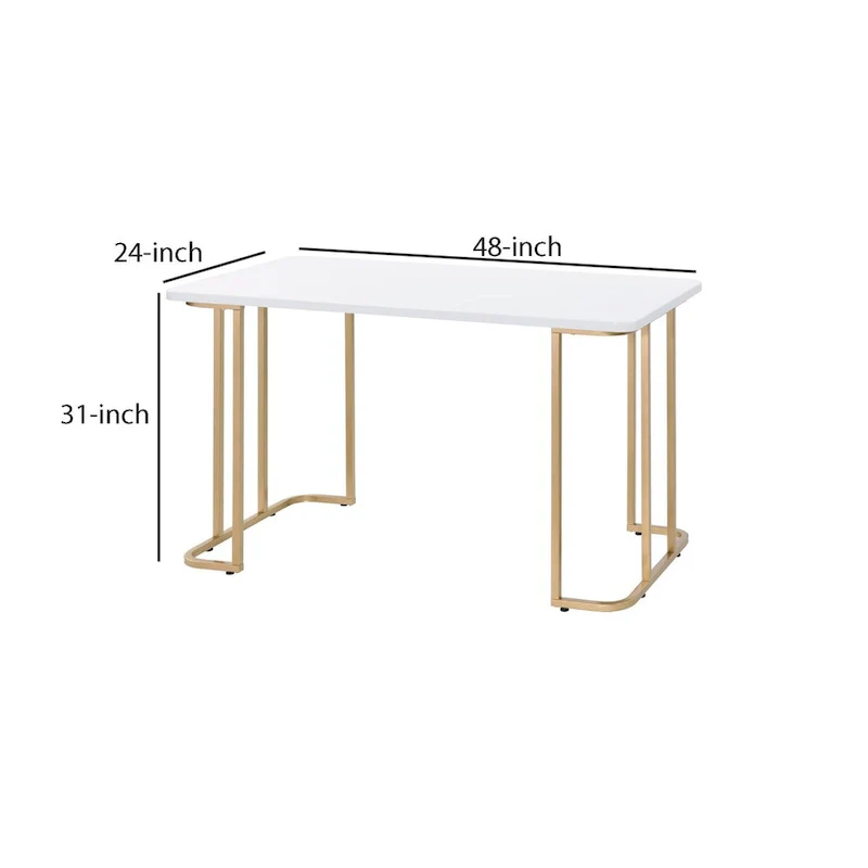 White Antique Writing Desk with Curved Metal Sled Base & Gold Accents – 1-Person