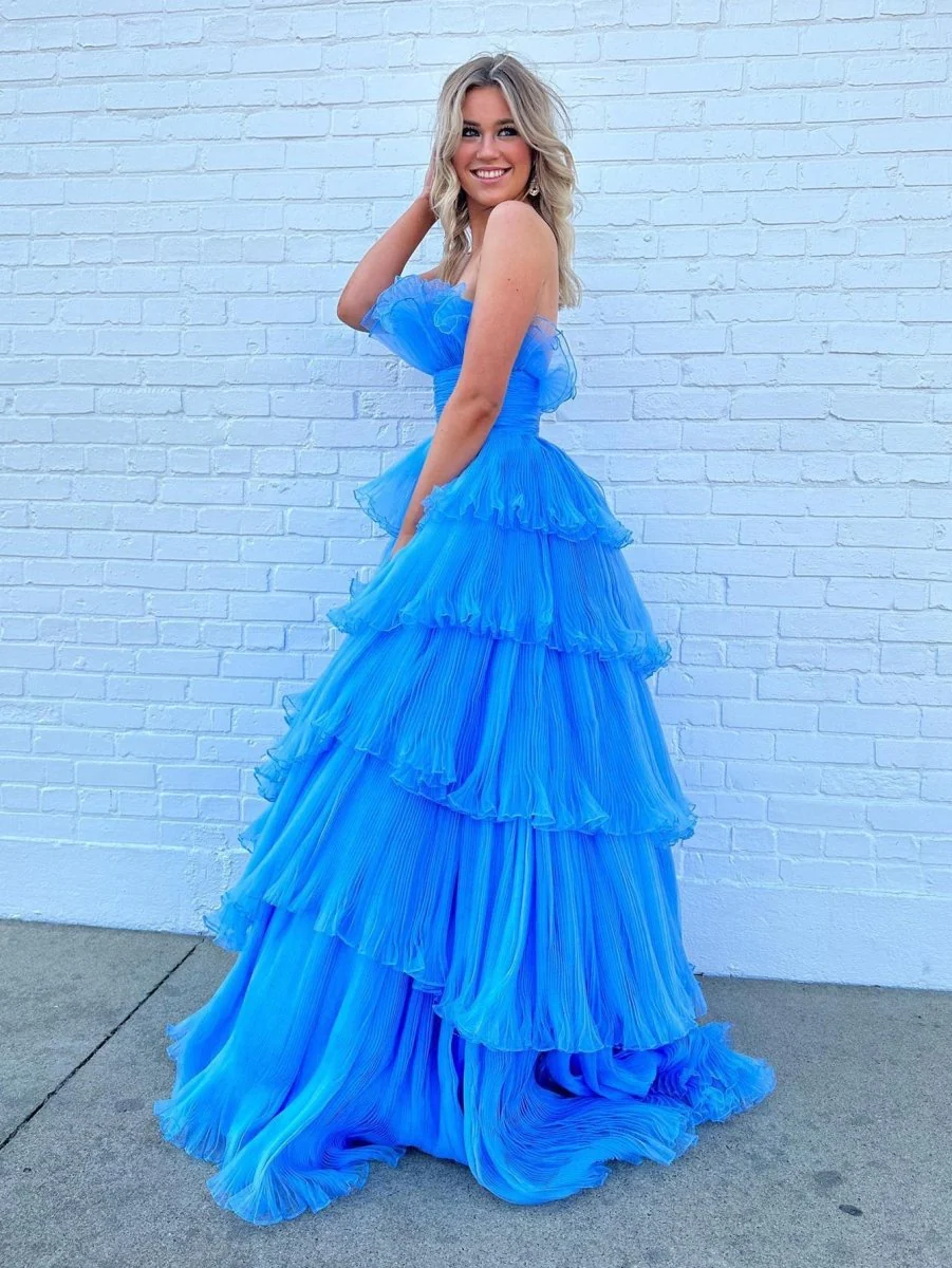 Strapless A-Line Tiered Crinkled Tulle Prom Dress