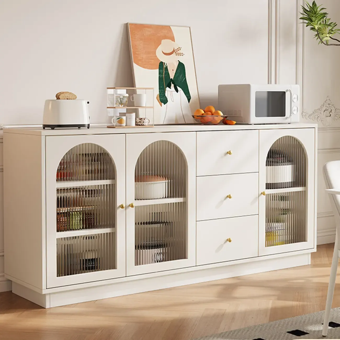 Elegant Adjustable Arched Glass Wood Buffet Cabinet with 3 Drawers