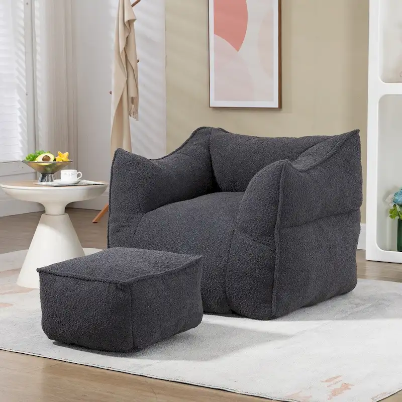 Boucle Upholstered Deep Seat Armless Square Bean Bag Chair with Ottoman