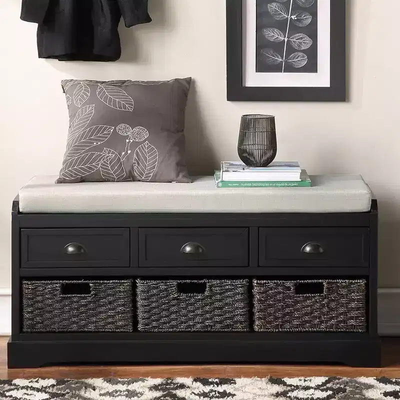 Storage Bench, Wooden Storage Bench Organizer with 3 Drawers and 3 Baskets, Entryway Shoe Bench with Cushion for Living Room, Hallway, Entryway
