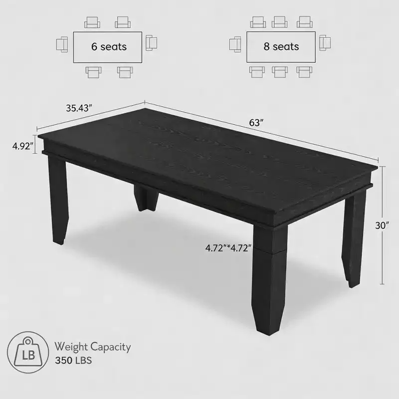 63 Farmhouse Dining Table for 4-6 People, Rectangular Wood Kitchen Table with Sturdy Wooden Frame, Large Dinner Table for Dining Room and Apartment