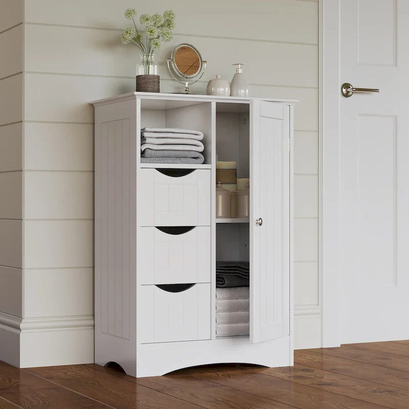 RiverRidge Ashland Single Door Bathroom and Laundry Storage Cabinet with 3 Drawers, Open and Adjustable Shelf
