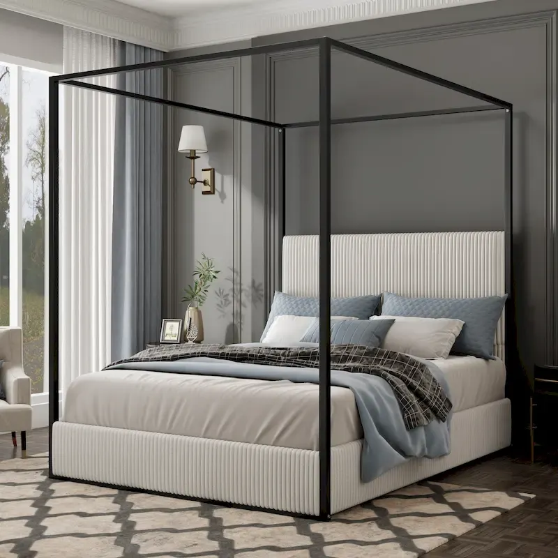 Modern Luxury Metal Canopy Bed with Tall Upholstered Headboard & Four Poster