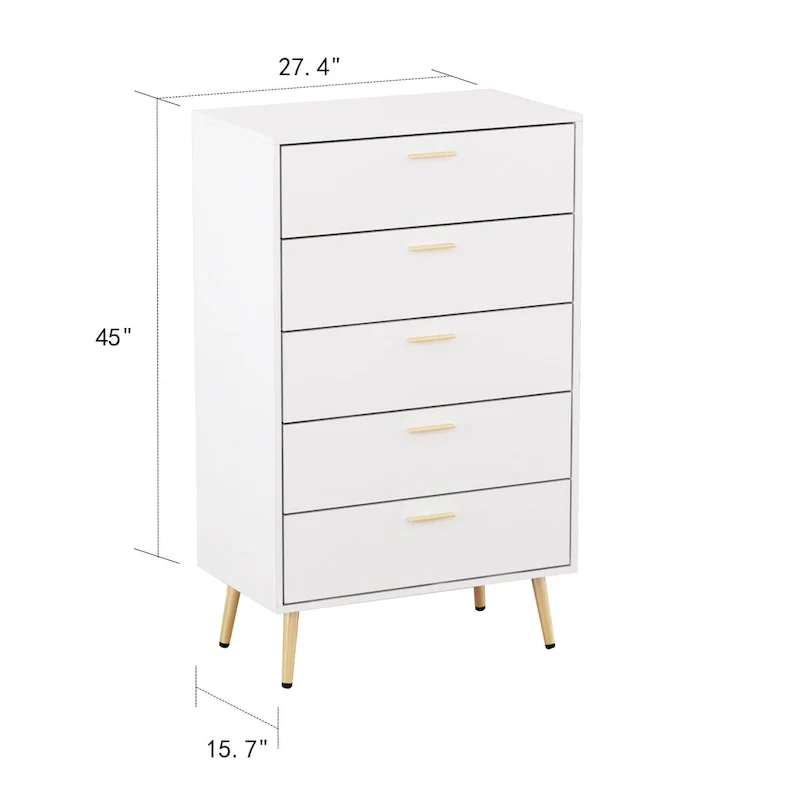5 Drawer 27.4 W Chest Dresser In White&Gold