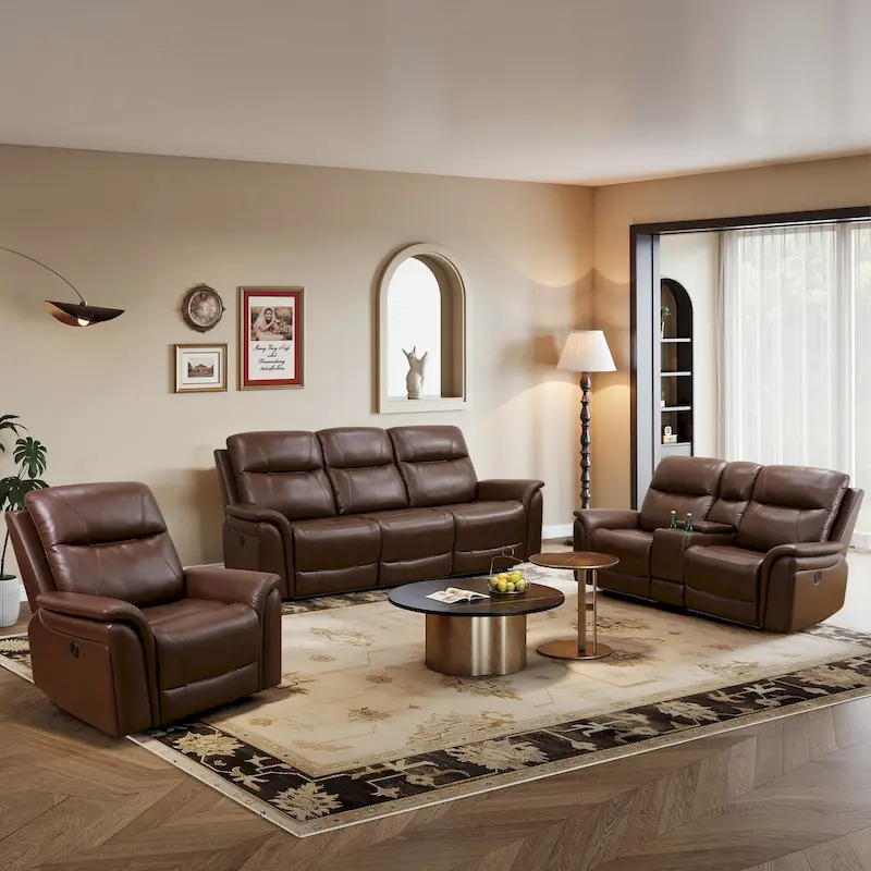 LED Breathing Leather 3-Piece Recliner Sofa Set for Living Room