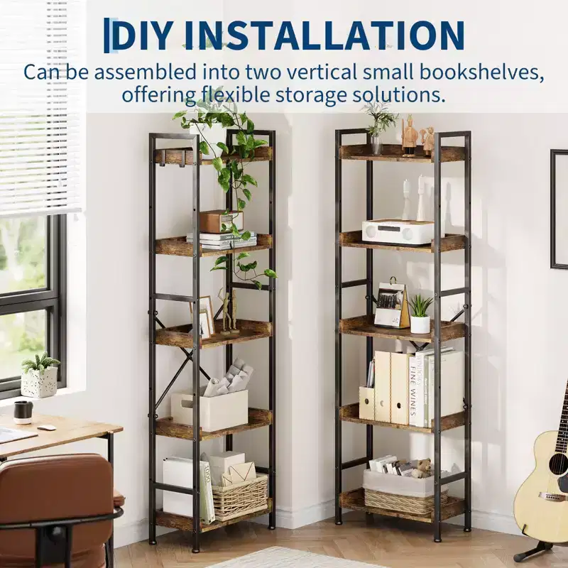 Bookshelf, Bookcase  Triple 5-Tier Industrial Bookcase with 14 Open Shelves Sturdy Metal Frame Rustic Brown Storage Rack