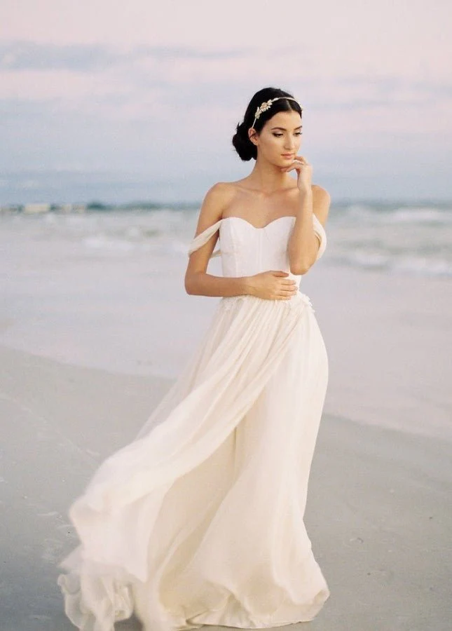 Chiffon  A-line Off-the-Shoulder Backless Beach Wedding Dress with Lace Bodice
