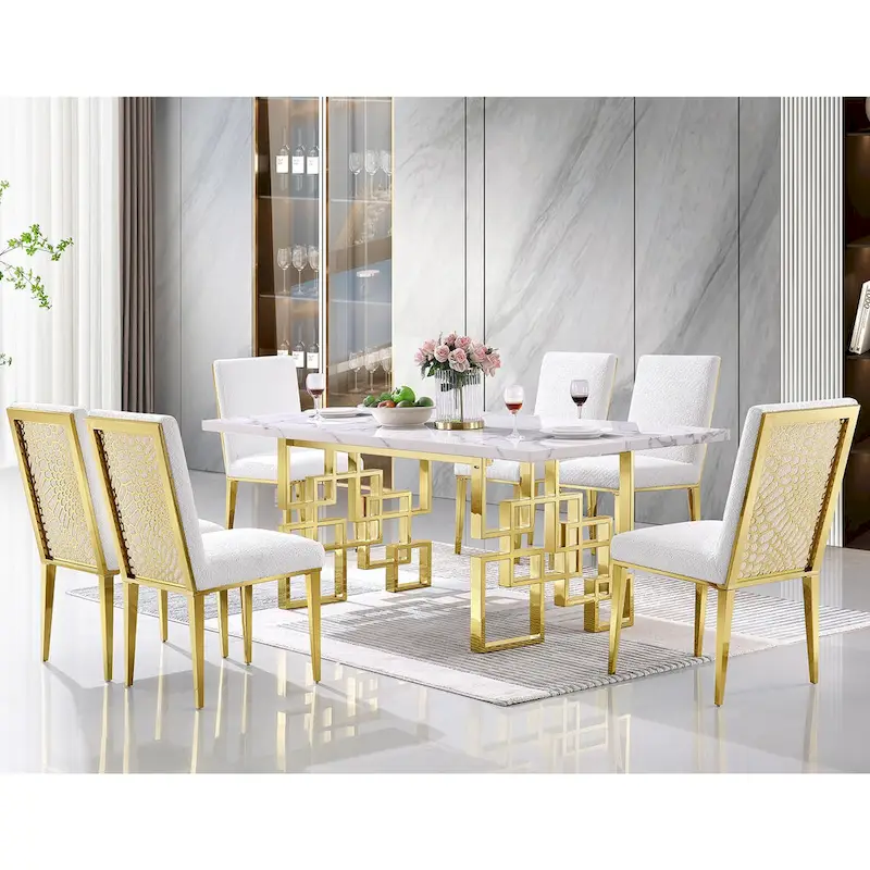 78 inch Faux Marble Dining Table with Geometric Metal Base