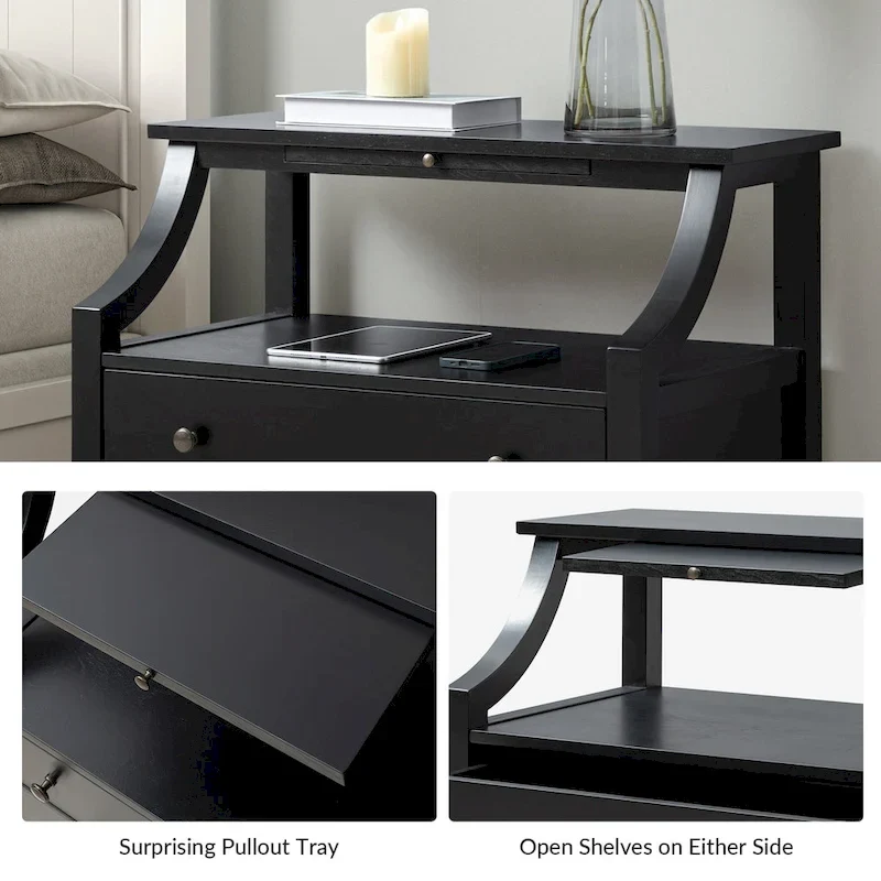 2-Drawer Nightstand with Built-In Outlets and Pull-Out Tray