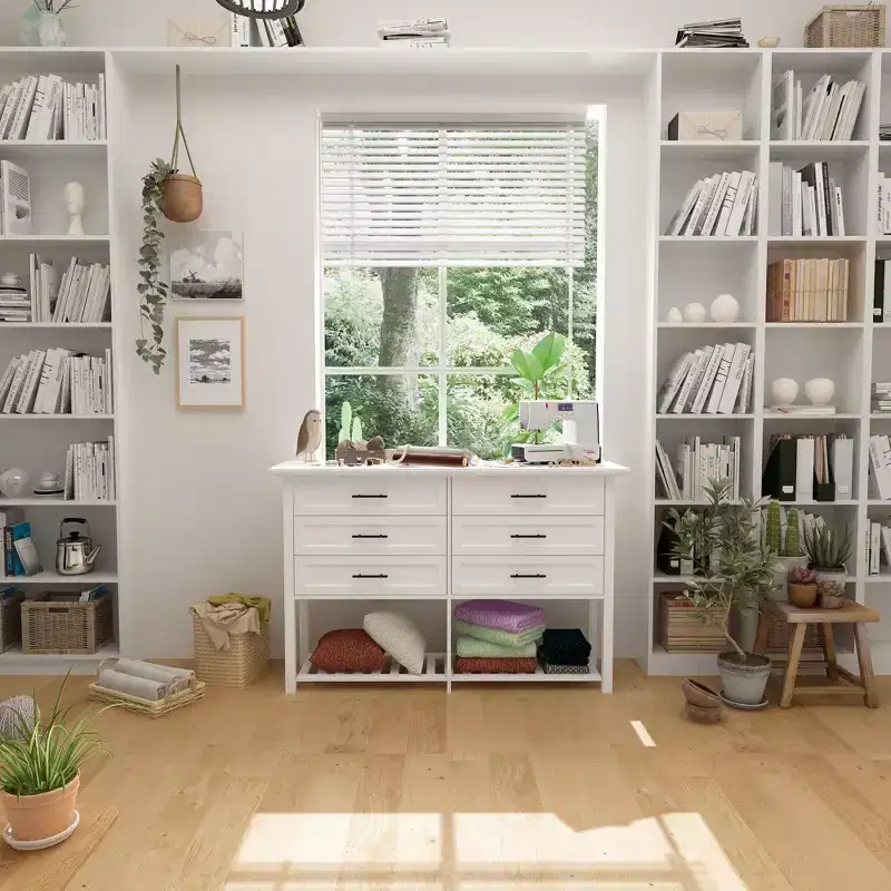 Famapy 6 Drawer Horizontal Dresser Bottom with Shelf Living Room Storage Cabinet White