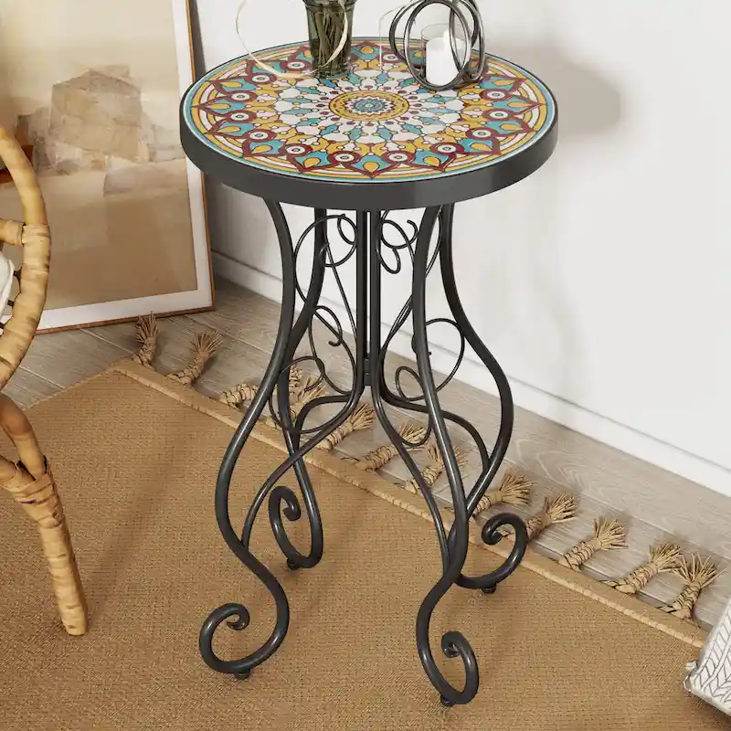 Round Ceramic Outdoor Side Table,Colorful+Black