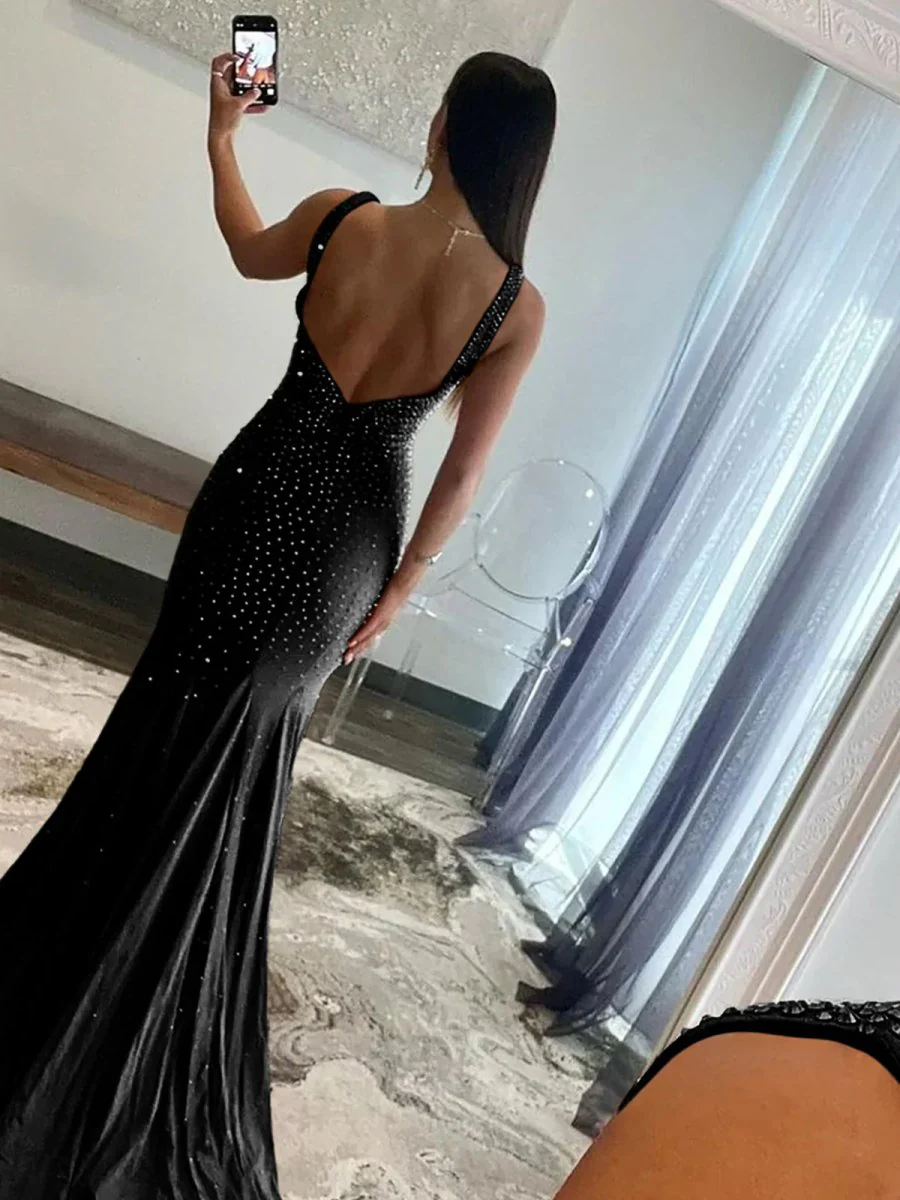 Mermaid Deep V-Neck Beaded Satin Long Prom Dress