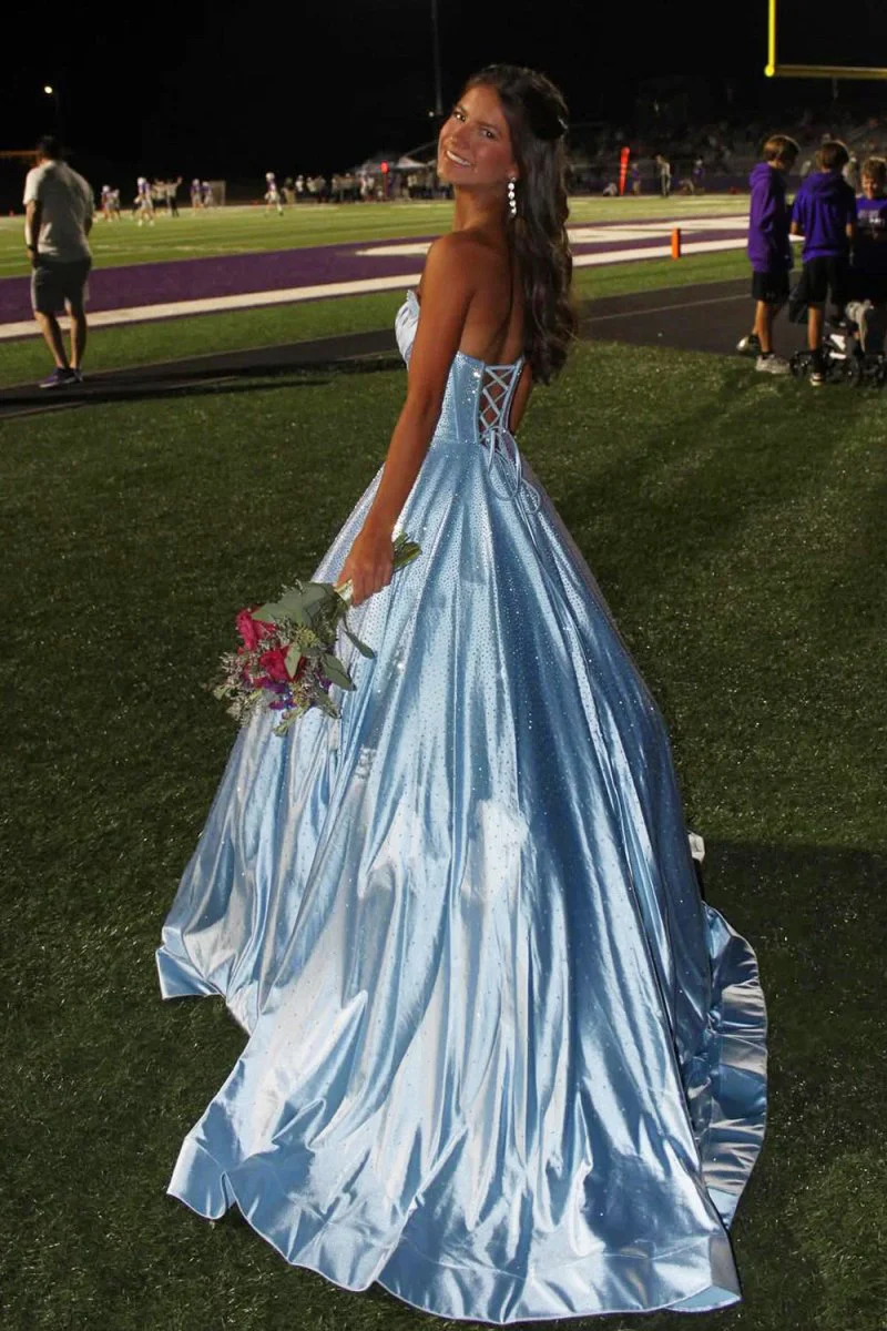 Sky Blue - Strapless A Line Satin Beaded Long Prom Dresses With Pockets