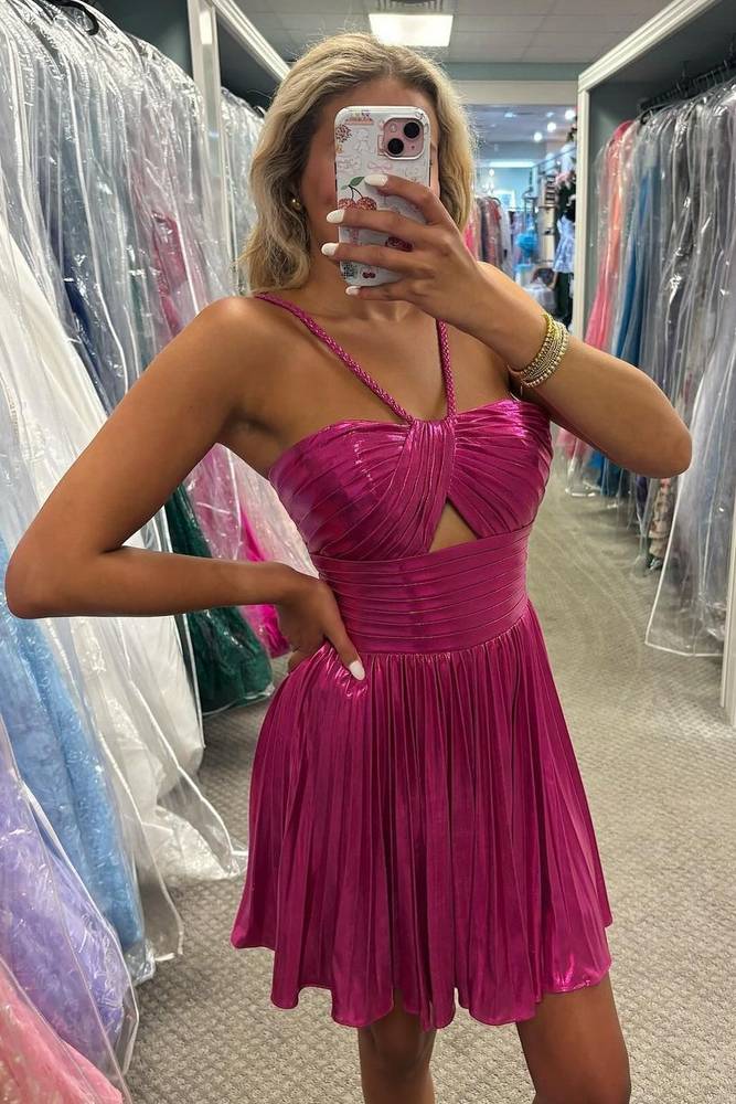 Gloden A-Line Metallic Spaghetti Strap Pleated Homecoming Dress