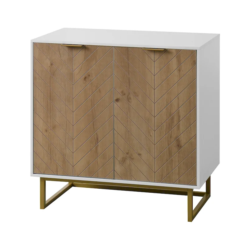 White 2-Door Sideboard Buffet Cabinet — Herringbone Wood, Gold Handles