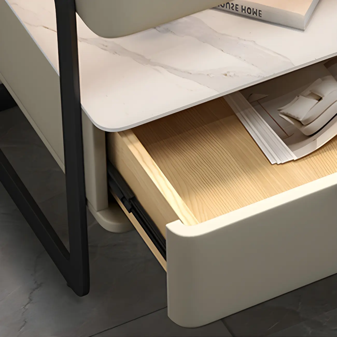 Modern Wood Nightstand with Glass Countertop and Drawer