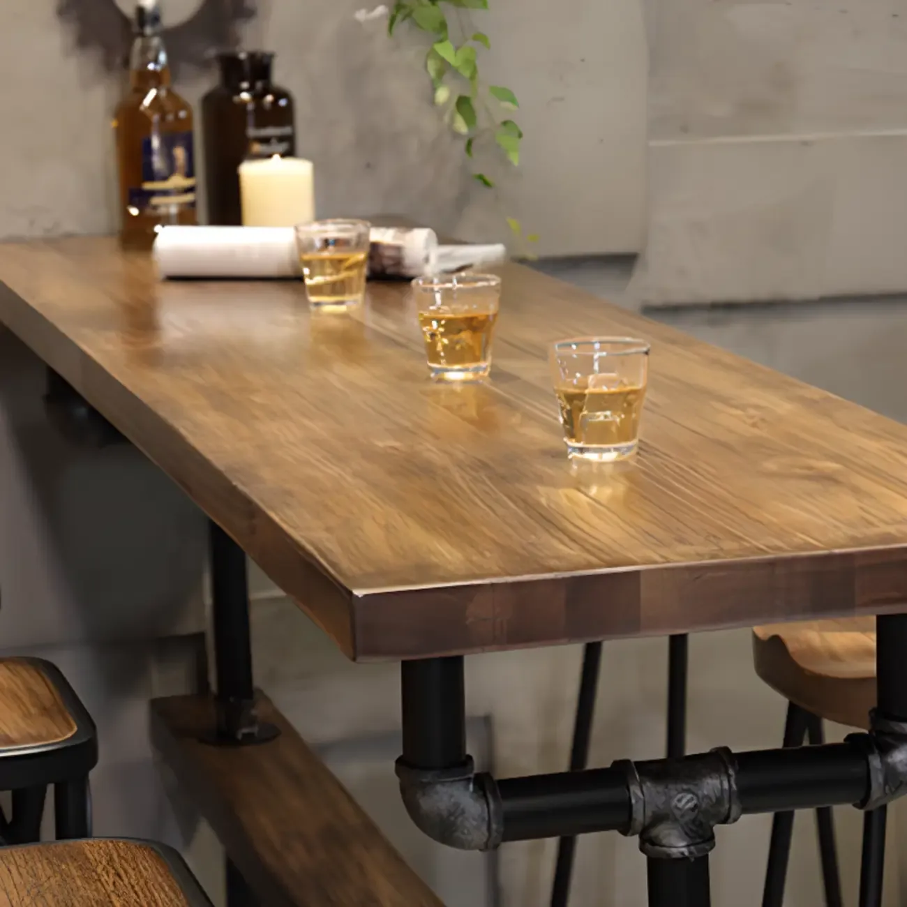 Rectangle Distressed Brown Wood Bar Table With Footrest