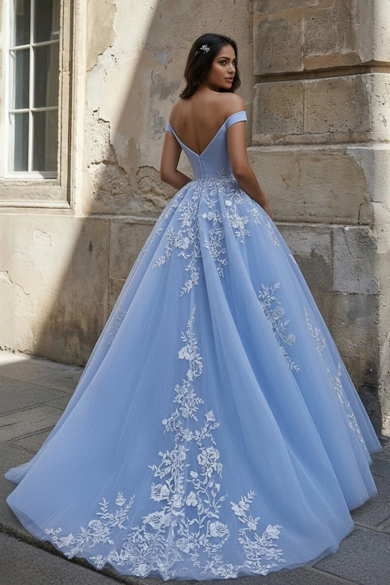 Sky Blue Ball Gown Lace Off the Shoulder Prom Dress