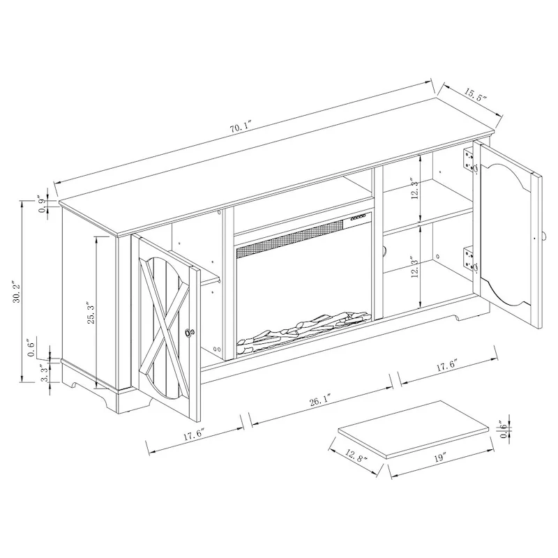 70 Farmhouse TV Stand with Fireplace, Fits up to 75 TV - 70W x 30H x 14.5D