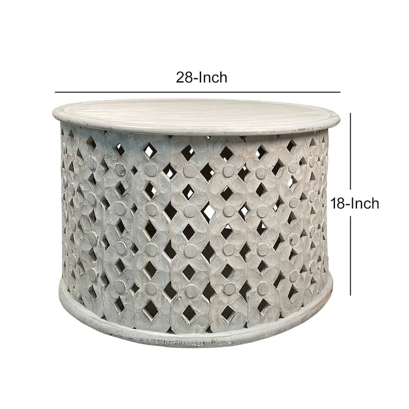 Cato 28 Inch Artisanal Round Mango Wood Coffee Table, Intricate Diamond Lattice Cut Out Frame, Washed White