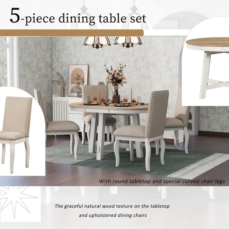 5-Piece Wooden Dining Table Set with Extendable Round Table & 4 Chairs