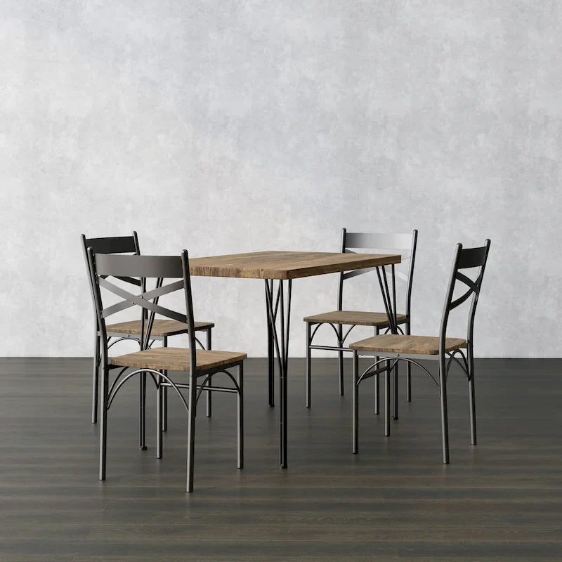 Industrial Metal Dining Table with 4 Chairs - Grey/Brown/Natural