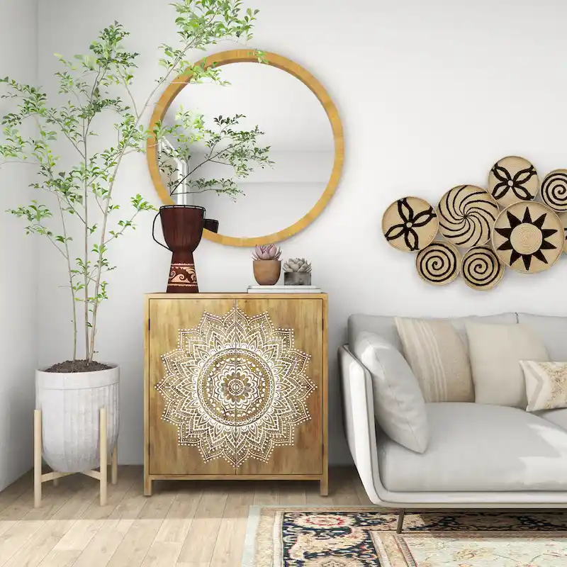 Wood Floral Intricately Carved 1 Shelf and 2 Doors Room Cabinet - Brown