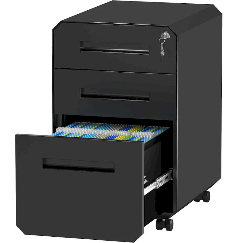 3-Drawer Mobile File Cabinet, White / Black, Steel with Locking Wheels