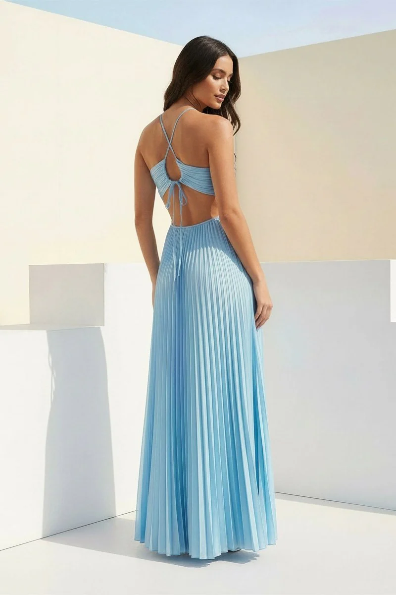 Sky Blue Halter Pleated Satin A Line Prom Dresses With Cutout