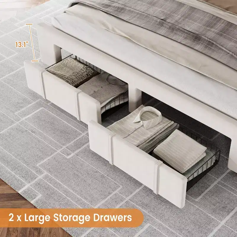 Bed Frame, Upholstered Platform Bed Frame with Storage Drawers, Mattress Foundation with Solid Wooden Slats Support, No Box Spring Needed