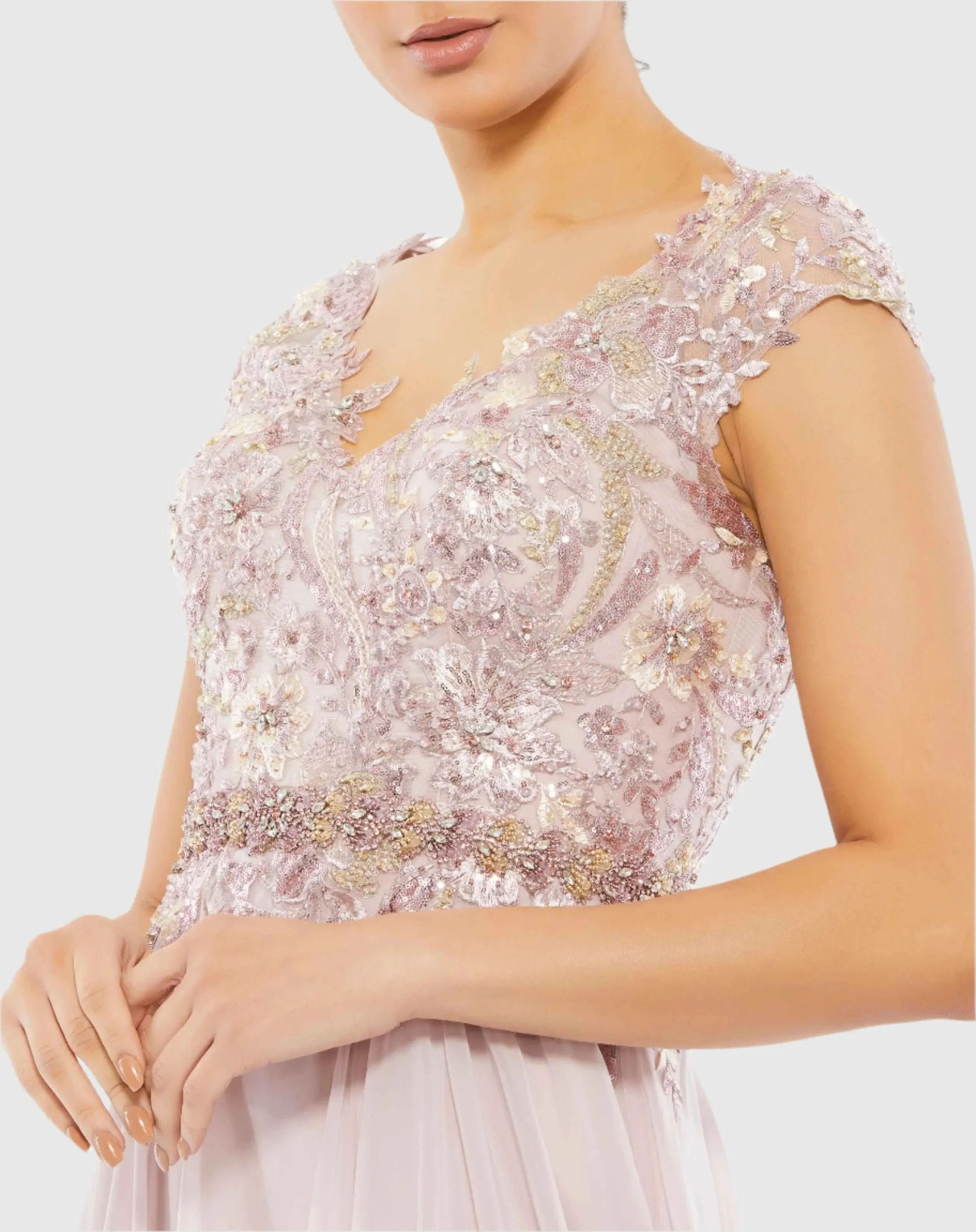 Pink Embellished Cap Sleeve Bodice Flowy Gown