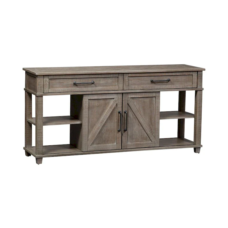Weathered Taupe Sofa Table with Drawers and Shelves