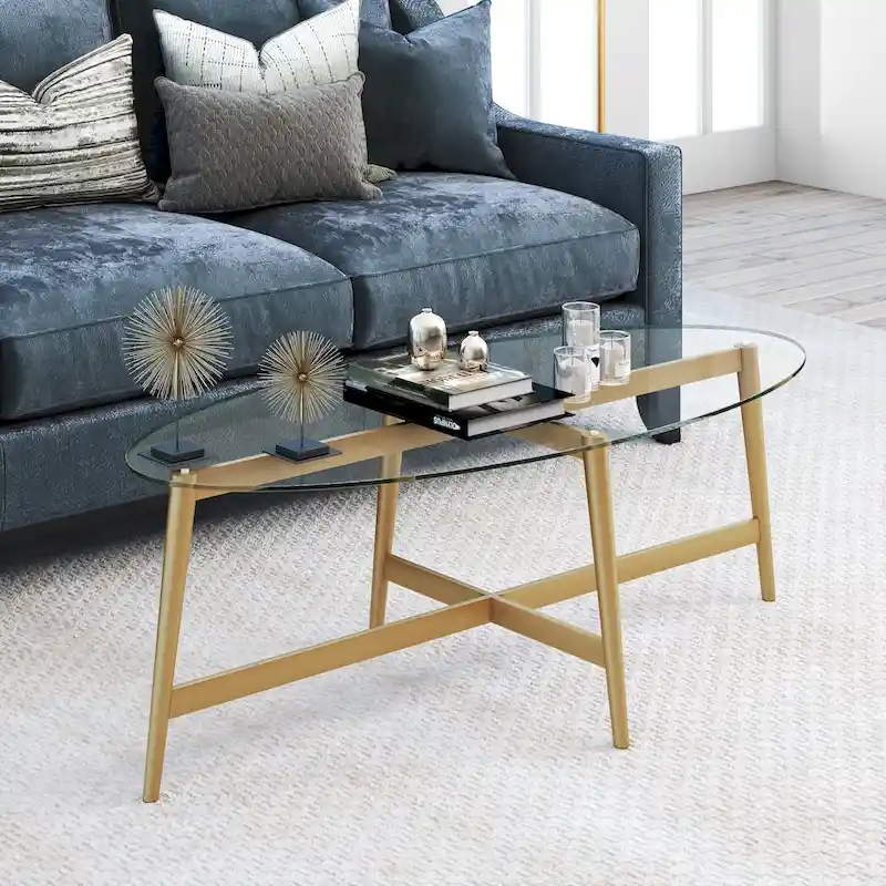 Oval Tempered Glass Coffee Table – Brass / Blackened Bronze, Tapered Legs, Seats 2–4