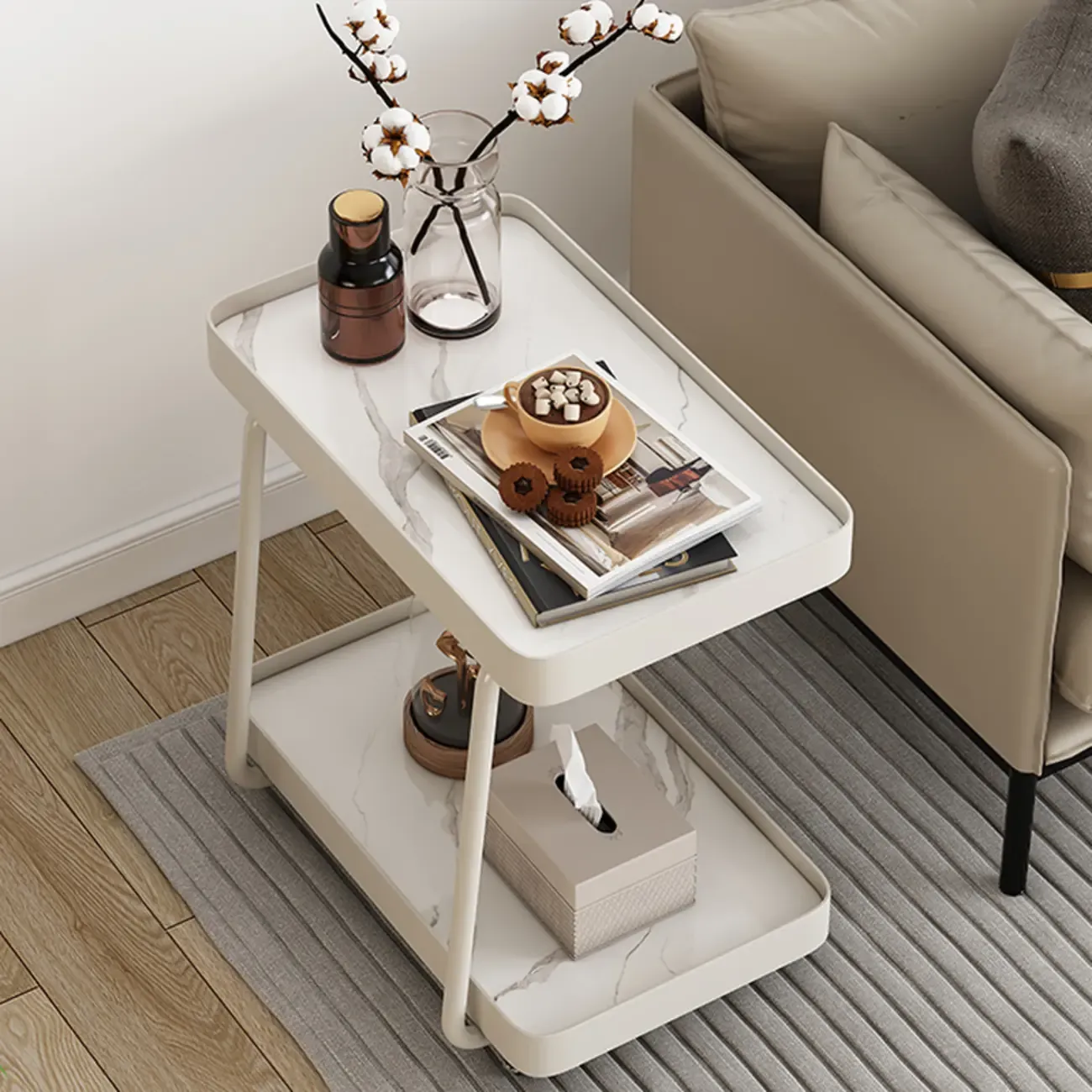 Modern C-Shaped White Stone Rectangular Swivel Side Table