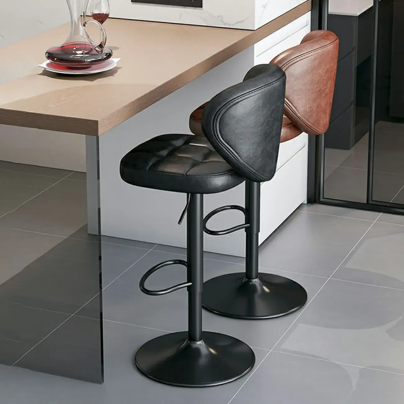 Modern Square Tufted Faux Leather Adjustable Swivel Bar Stools