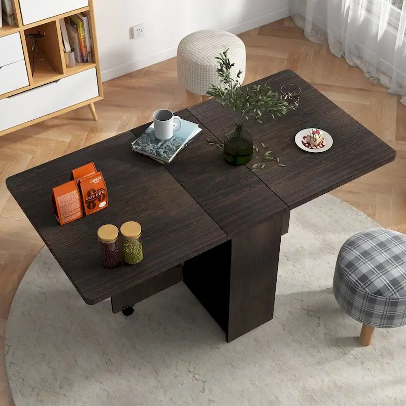 Folding Dining Table with 2-Tier Storage Rack and Wheels - N/A