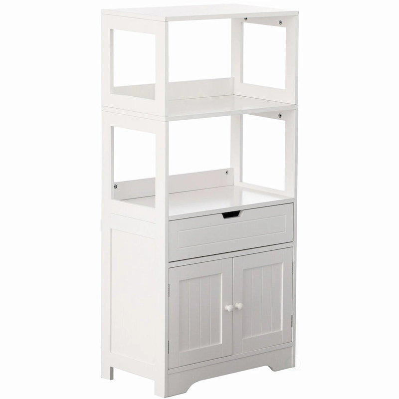 Tall Freestanding Wooden Storage Vanity, Kitchen Pantry, and Bathroom Cabinet Organizer, A drawer and 2 Door Cabinet, White