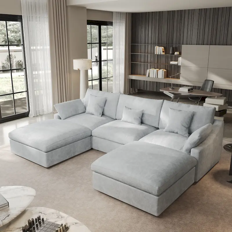 Classic Modern Linen Sectional Modular Sofa 3-Seater with 2 Ottomans, U-shaped Down Filled Cloud Couch with Cushions
