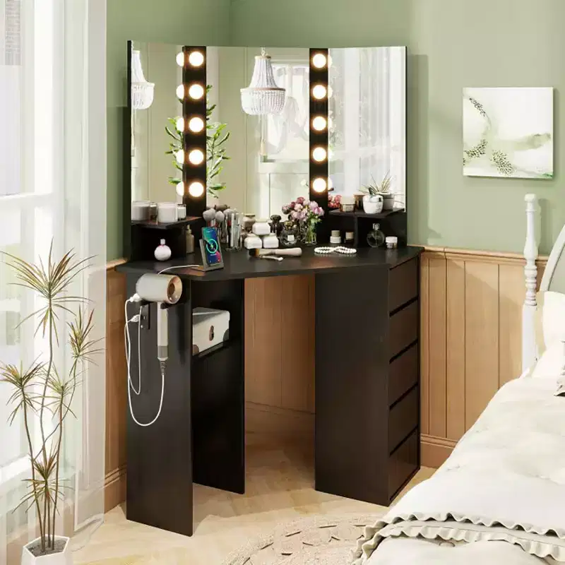 Okak Corner Vanity with 3-Color Adjustable Mirror, Vanity Desk with Power Outlet, Makeup Table with Ample Storage for Living Room Corner