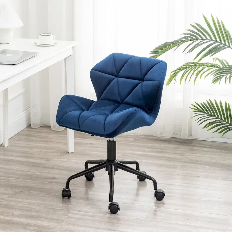 Armless Swivel Office Chair, Diamond-Tufted Velvet, High-Density Foam, Pneumatic Height Adjustment, Metal Base, Grey / Blue / Mauve / Yellow, 1-Person Use