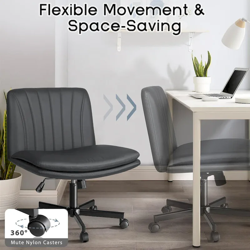 Cross Chair with Wheels,PU Leather Armless Cross Legged Office chair, Adjustable Wide Seat Task Vanity Chair
