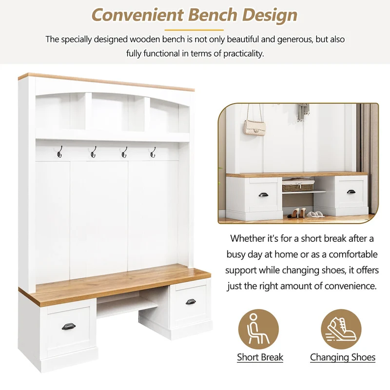 Farmhouse Hall Tree with Wood Grain Bench, Hooks and Bottom Cabinets