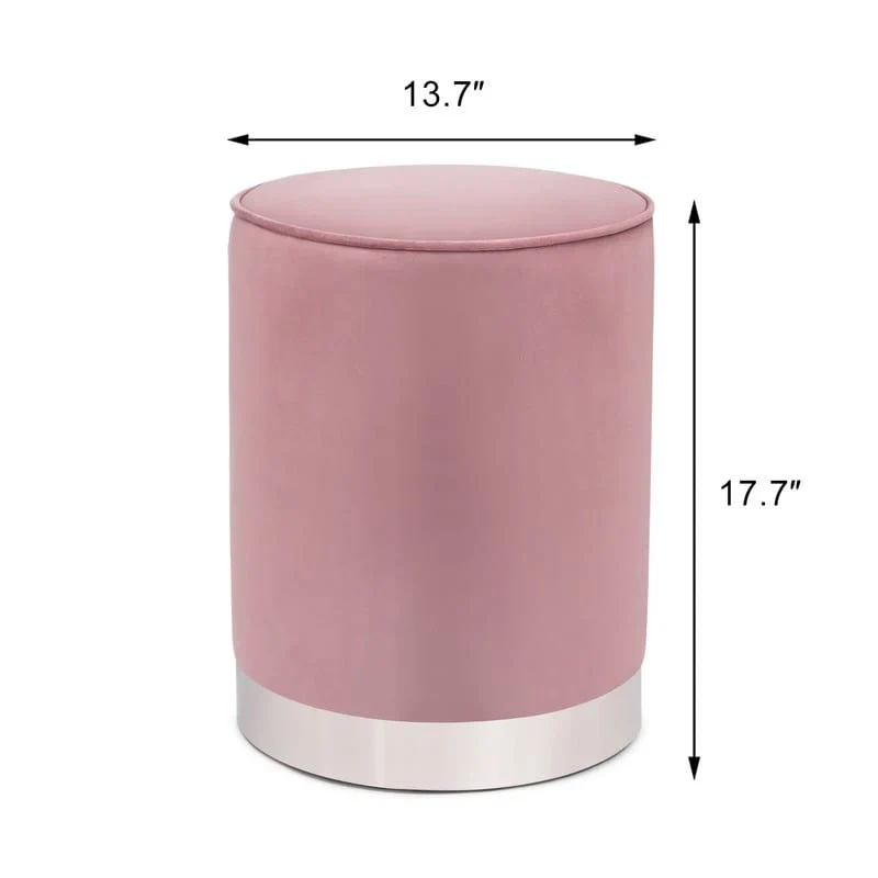 Adeco Vanity Upholstered Round Velvet Ottoman Footstool Silver Trim