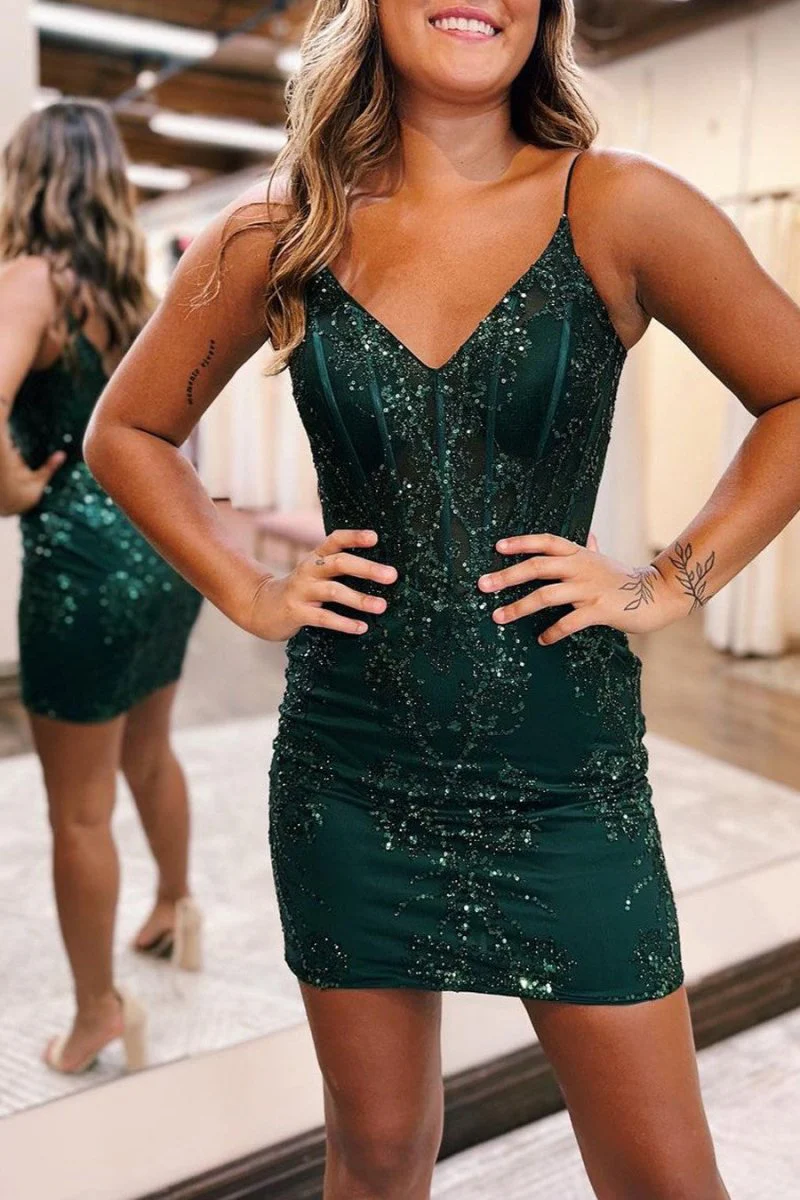 Sheath Dark Green V-neck Spaghetti Straps Bodice Mini Party Dresses