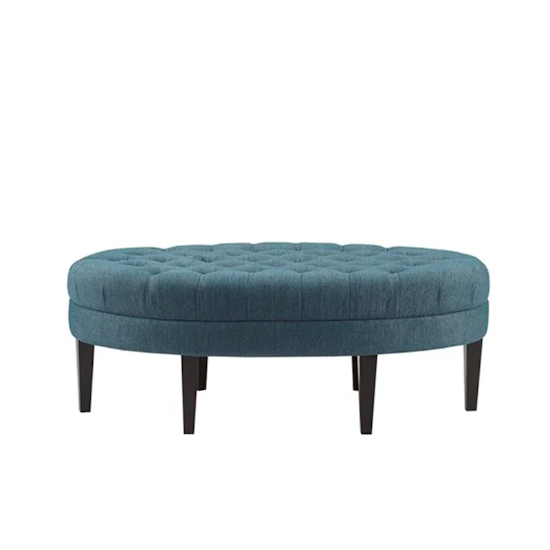 Blue Oval Button-Tufted Upholstered Ottoman with Wood Legs – Single