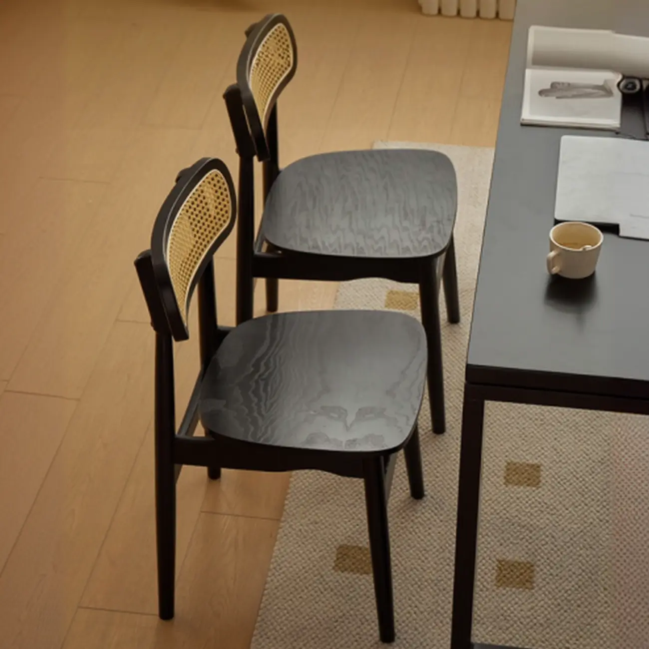 Rustic Black Wooden Armless Dining Chair with Handwoven Back