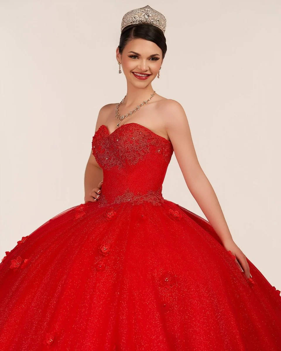 Red 3D Flowers Glitter Sequins Sleeveless Quinceanera Dresses