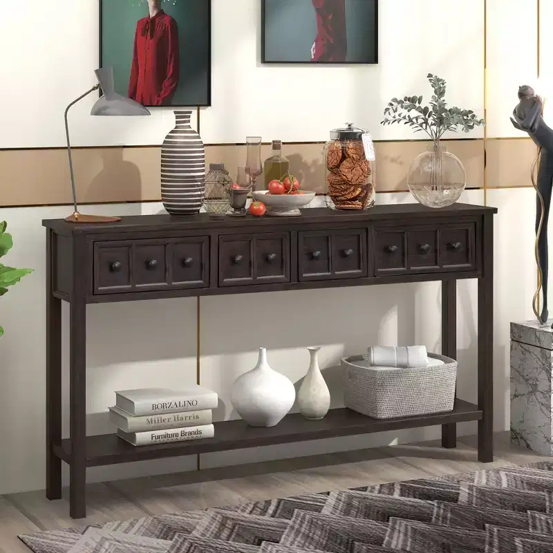 Rustic Entryway Console Table, 60 Long Sofa Table with two Different Size Drawers and Bottom Shelf for Storage (Espresso)